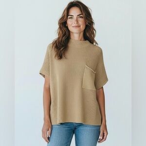 Beige Knit Top Mock Neck Pocket Short Sleeve Sweater XL‎